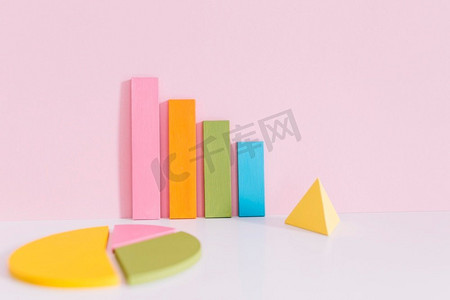 彩色条形图饼图黄色金字塔书桌粉红色背景