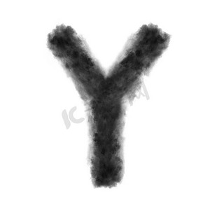 烟雾渲染摄影照片_字母Y由白色背景上的黑云或烟雾制成，带有复制空间，而不是渲染。字母Y由白色背景上的黑云组成。