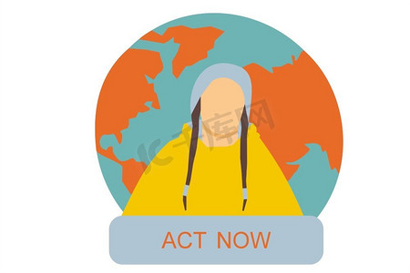 Greta Tunberg的插图与我们的星球在背景和一个横幅与报价立即行动—环境行动主义 