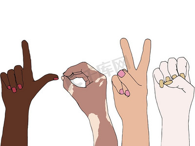 向量摄影照片_不同肤色的人举起双手争取平等的插图。反种族主义概念