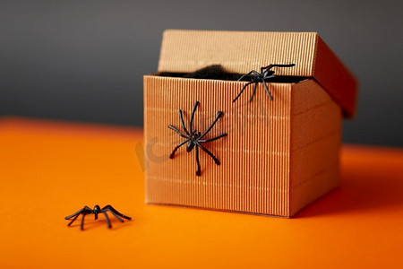 万圣节，假日和党概念—玩具蜘蛛爬出礼物盒在橙色背景玩具蜘蛛爬出万圣节礼物盒
