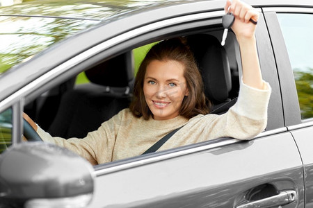 汽车安全驾驶摄影照片_驾驶、安全和人的概念—年轻妇女或女司机坐在车里，出示钥匙。城市里有车钥匙的女司机