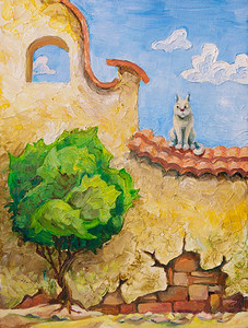 猫和树猫坐在黄色的老墙上，看着那棵小树。我的油画，30 x 40厘米。 