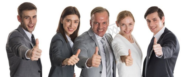 成功的微笑业务团队与竖起大拇指隔绝在白色背景业务团队竖起大拇指