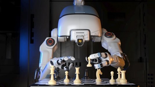 科幻工业机器人与自己下棋。3D插图。机器人在下棋