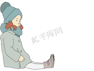 插图小女孩与冬天的衣服坐在白色背景