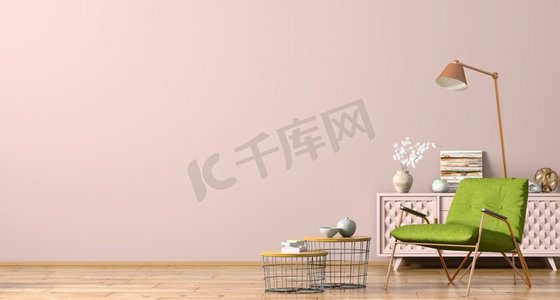 的粉色背景摄影照片_客厅的现代室内设计，木质橱柜，绿色扶手椅和咖啡桌，与空的粉色墙壁3D渲染