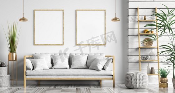 现代斯堪的纳维亚客厅的室内设计，白色沙发挂在白色墙上，海报，木质镶板，家居设计3D渲染