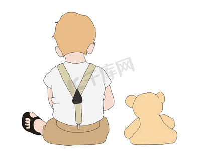 小孩子和玩具泰迪熊在白色背景下挤在一起的插图