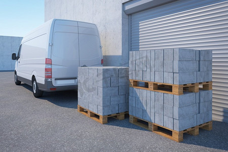 仓库附近有混凝土块的送货车，3D渲染