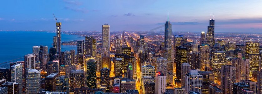 全景芝加哥天际线大楼鸟瞰图在芝加哥市中心在芝加哥伊利诺伊州的美国。看向芝加哥南部。