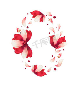 美丽的红色花朵和花瓣圆框，白色背景下孤立。富有创意的花卉布局。飞舞的花朵。红色石榴花花环