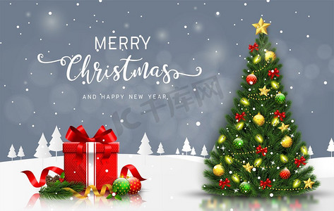 圣诞快乐和新年快乐贺卡与圣诞树和礼品盒传染媒介	