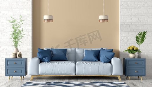客厅的现代内部与浅蓝色沙发，橱柜和灯3d渲染