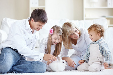 宠物的家庭摄影照片_年轻的家庭在家里看兔子