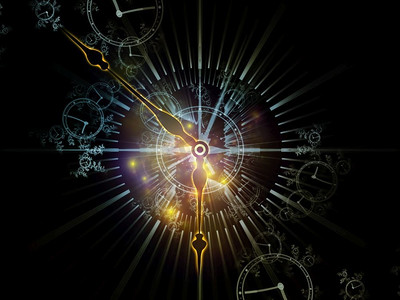 时空时间系列的面孔科学、教育和现代技术主题的时钟刻度盘和抽象元素的排列