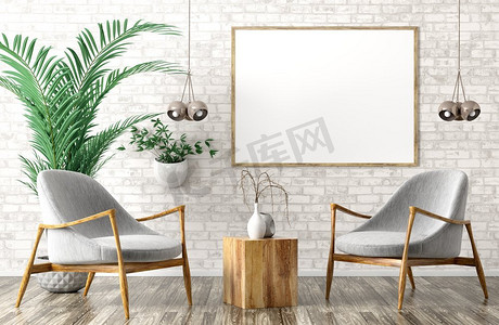 客厅的现代室内设计有两个灰色扶手椅，木咖啡桌和海报在砖墙3d渲染