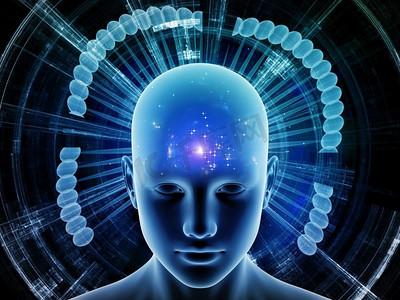 《思考的能量》系列。人头被抽象的分形结构包围着，以说明人类思维的运作。
