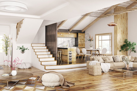 房子，厨房，客厅与沙发，大厅，楼梯3d渲染的现代室内设计