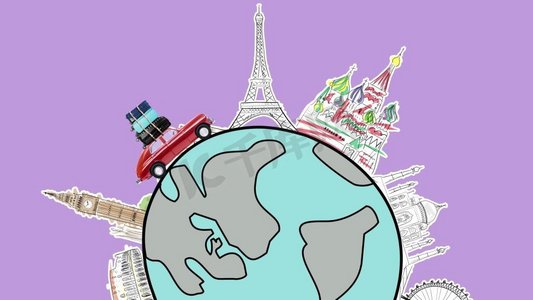 世界各地红色复古玩具车与旅行箱驾驶由著名的纪念碑在卡通星球上。开车旅行