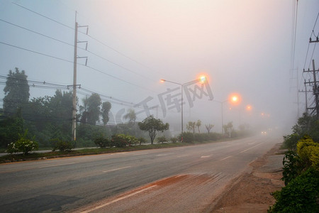 早晨有雾的道路/街道有雾的汽车在雾中有轻路灯
