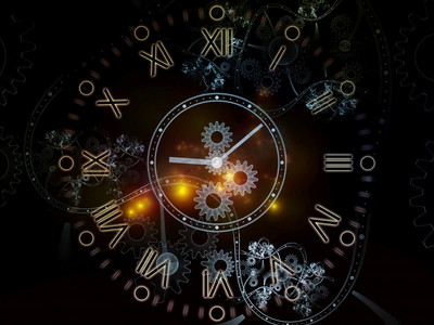 时空时间系列的面孔科学、教育和现代技术学科的时钟刻度盘和抽象元素的图形组成