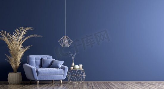 客厅内部有咖啡桌和蓝色扶手椅，家设计3d渲染