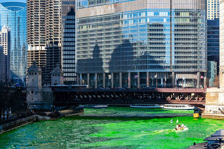 芝加哥天际线沿着圣帕特里克河上的芝加哥河绿色染色的建筑；美国伊利诺伊州芝加哥市中心的S节日