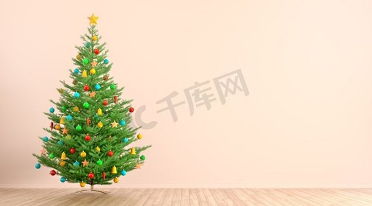 圣诞节的树摄影照片_客厅内部与装饰的圣诞节或新年树反对桃墙与复制空间3d渲染