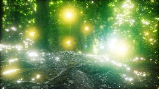 暮光森林摄影照片_萤火虫在绿色的森林里飞翔。萤火虫在森林中飞翔