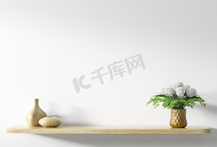花瓶背景摄影照片_黄色木架，白色花瓶中的白玫瑰花束覆盖在白色墙壁上，家居装饰，室内背景3D渲染