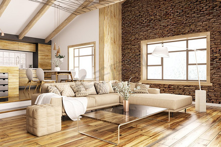 房屋、厨房、起居室的现代室内装饰，带沙发3D渲染