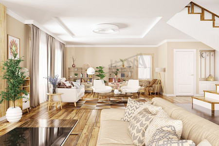 房子，大厅，客厅的现代内部与沙发和扶手椅3d渲染