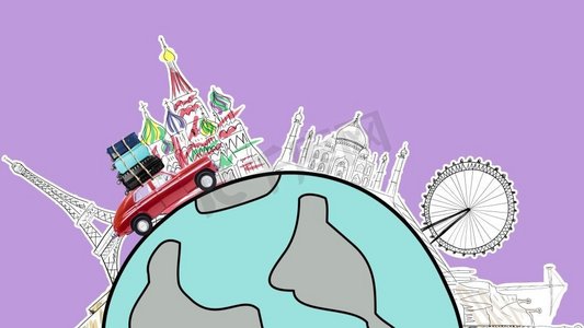 世界各地红色复古玩具车与旅行箱驾驶由著名的纪念碑在卡通星球上。开车旅行