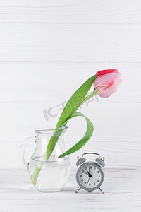 透明玻璃摄影照片_灰色闹钟靠近透明玻璃罐，白色木桌衬托着粉色郁金香