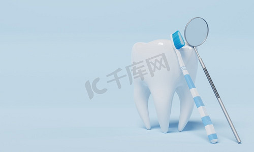 蓝色背景上有牙齿检查镜的牙齿。牙科和保健概念。3D插图渲染