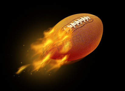 飞行燃烧的美式足球与燃烧的火焰在黑色背景与3D例证元素