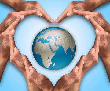手让心围绕着地球成形。爱我们的星球，保护我们的星球。地球日。安全星球