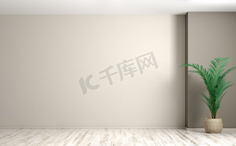 空的房间内部背景，篮子植物罐与棕榈在米色墙壁3d渲染