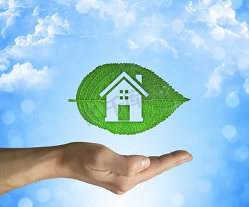 张开的手拿着一片绿叶，里面有一个蓝色的天空背景上的房子图标。生态住宅概念