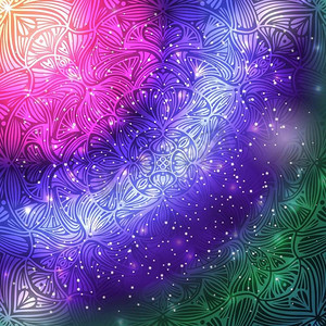 东方纹理摄影照片_装饰花民族曼陀罗在紫色星系背景，传染媒介例证