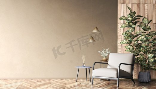 米色摄影照片_客厅的内部有咖啡桌，植物和灰色扶手椅在米色模拟墙壁与复制空间3d渲染