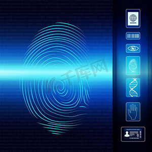 卡哇伊icon摄影照片_用于识别个人身份的生物统计电子系统。指纹扫描。Icons Icons Icon—Eye—条形码—DNA—护照