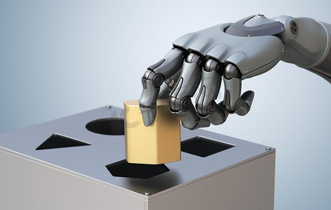 cyborg摄影照片_带逻辑盒的机器人手3D插图，.带逻辑盒的机械手