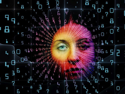 数字视觉系列虚拟技术、数学、科学与教育学科中女性面部眼部及整数的排列