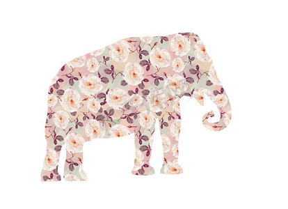 大象与玫瑰图案隔绝在白色背景