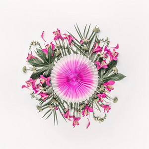 纸扇花背景摄影照片_创造性的热带组成与异国情调的花，棕榈叶和粉红色党纸扇在白色背景，顶视图圆形花卉组合物