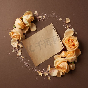 一张有圆形边框的花朵的白纸，复印空间。工艺纸和鲜花