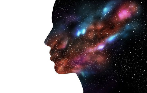 美丽、科学和人的概念—女性简介与空间背景。双重曝光女人和银河双重曝光女人和银河