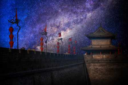 陕西城市建筑摄影照片_繁星点点的夜空。西安城墙。。西安城墙。